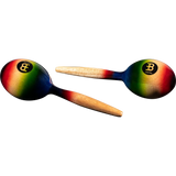 Pair of colorful maracas with wooden handles on a white background