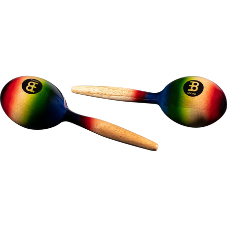 Pair of colorful maracas with wooden handles on a white background
