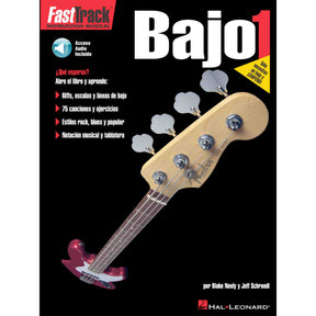 Bass guitar book titled 'FastTrack Bajo 1' by Hal Leonard Spanish Edition. on a black background