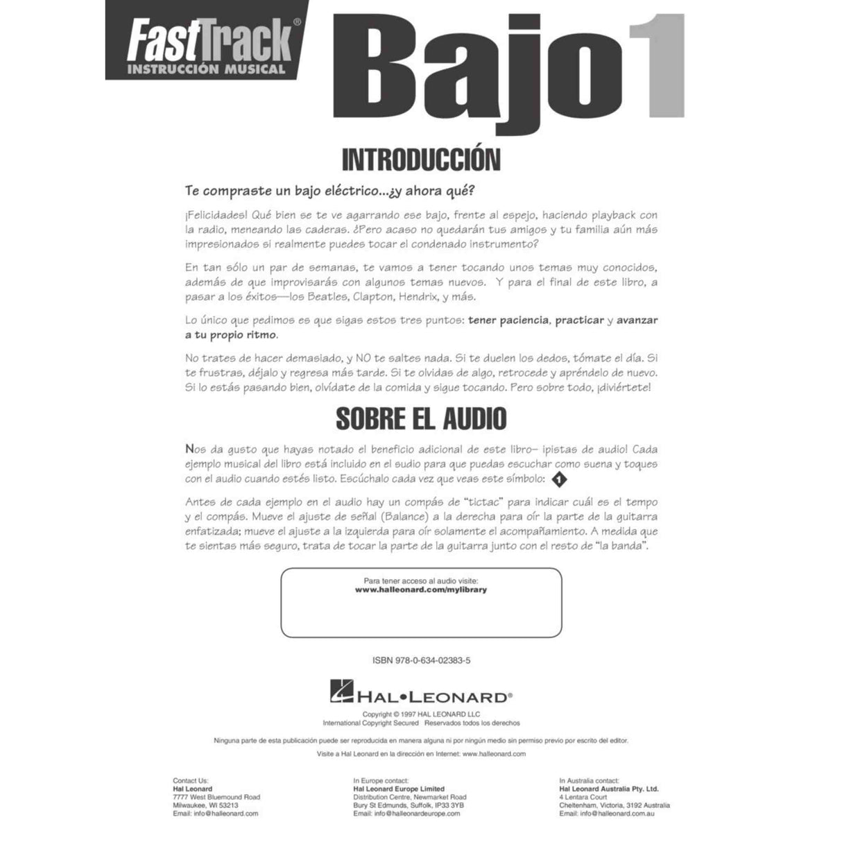 Instructional music book cover titled 'Bajo 1' by FastTrack with Hal Leonard branding.