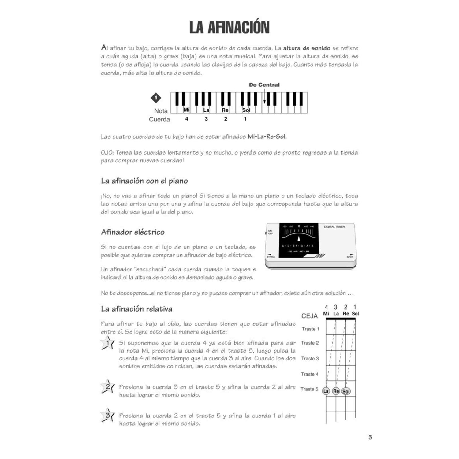 Bass guitar tuning instruction sheet with diagrams and text in Spanish