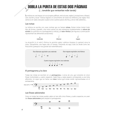 Sheet music in Spanish for electric bass method with text and musical notation on a white background