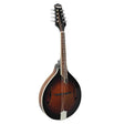 The image shows a traditional acoustic mandolin with a teardrop-shaped body featuring f-holes, a sunburst finish, and binding around the edges. It has eight tuning pegs arranged in four pairs, a short neck with frets, and classic wood construction. The mandolin is known for its bright, crisp sound, commonly used in folk and bluegrass music, and is tuned like a violin with double strings.