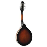 The image shows a mandolin viewed from the back, featuring eight tuning pegs in two rows on a black headstock with chrome machines. It has a teardrop-shaped body with a curved back, a sunburst finish transitioning from dark edges to amber center, and cream-colored binding around the edges. The mandolin typically has eight strings in four pairs and is used in genres like bluegrass and folk.