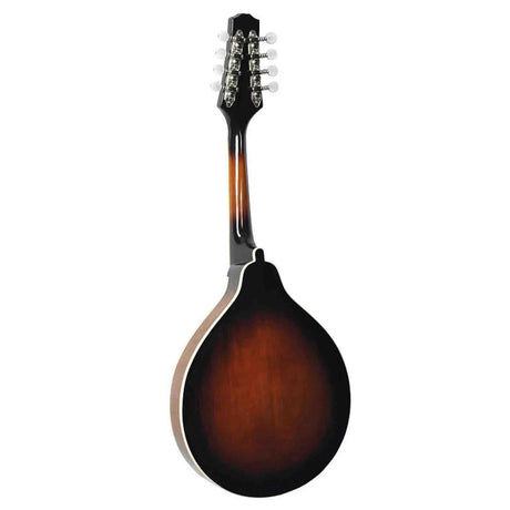 The image shows a mandolin viewed from the back, featuring eight tuning pegs in two rows on a black headstock with chrome machines. It has a teardrop-shaped body with a curved back, a sunburst finish transitioning from dark edges to amber center, and cream-colored binding around the edges. The mandolin typically has eight strings in four pairs and is used in genres like bluegrass and folk.