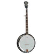 The image shows a 5-string resonator banjo with an ornate carved headstock, a long wooden neck featuring inlay fret markers, and a circular body with a white drumhead. Metal hardware including a tone ring and tailpiece are visible. This banjo’s design, with a wooden back and decorative details, suggests a high-quality instrument used in folk, bluegrass, or country music.