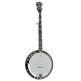 The image shows a 5-string resonator banjo with an ornate carved headstock, a long wooden neck featuring inlay fret markers, and a circular body with a white drumhead. Metal hardware including a tone ring and tailpiece are visible. This banjo’s design, with a wooden back and decorative details, suggests a high-quality instrument used in folk, bluegrass, or country music.