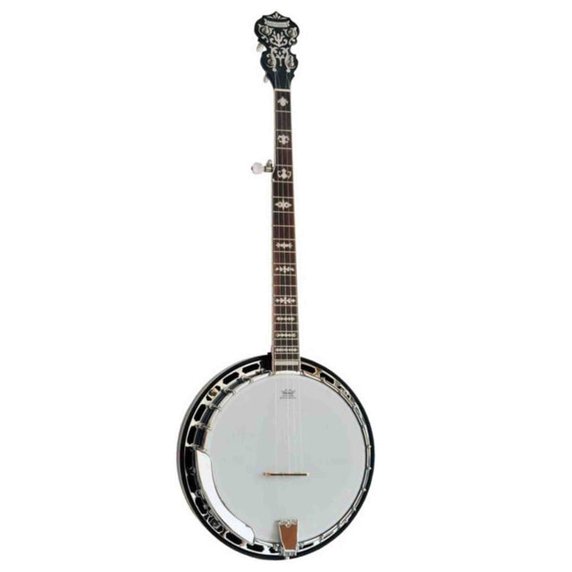 The image shows a 5-string resonator banjo with an ornate carved headstock, a long wooden neck featuring inlay fret markers, and a circular body with a white drumhead. Metal hardware including a tone ring and tailpiece are visible. This banjo’s design, with a wooden back and decorative details, suggests a high-quality instrument used in folk, bluegrass, or country music.