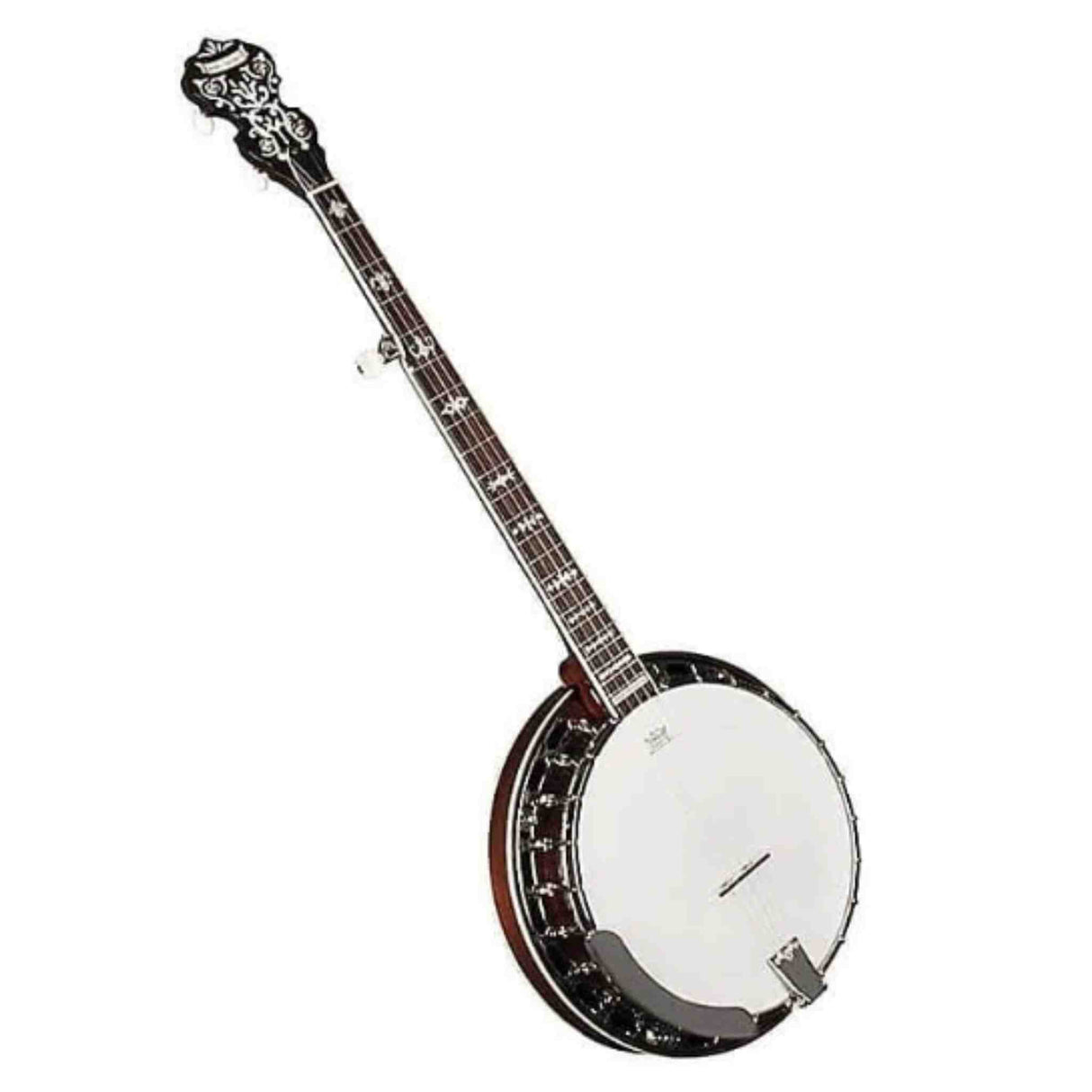 The image shows a resonator banjo with a round body and white drumhead, featuring a metal tone ring, long fretted neck, ornate headstock with tuning pegs, and decorative fretboard inlays. It has 4 or 5 strings and a classic bridge on the drumhead. This quality instrument projects a bright, punchy tone typical of bluegrass music, designed for intermediate to advanced players.