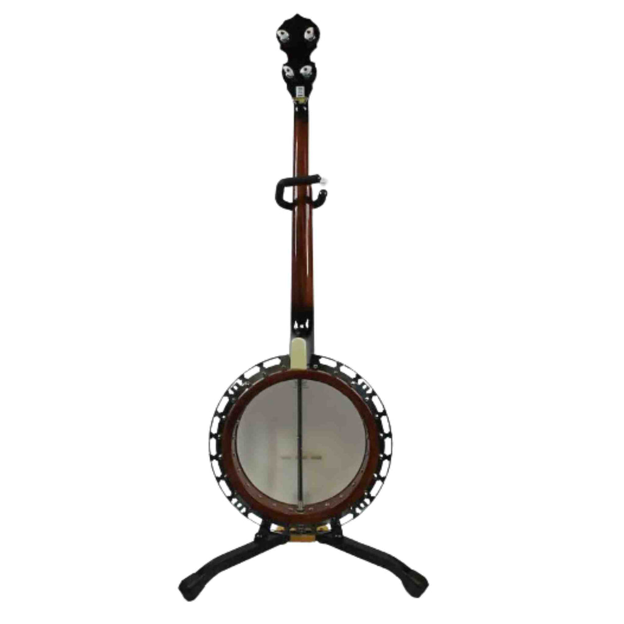 The image shows a 5-string banjo with a circular body and white drumhead, a long reddish-brown wooden neck, and a black headstock with tuning pegs. It has metal hardware including a tailpiece and tension brackets around the rim. The instrument rests on a black tripod stand and features a strap attachment on the neck. Common in bluegrass and folk music, it combines string and percussion elements with roots in American and African musical traditions.