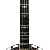 The image shows a close-up of a banjo’s neck and part of its head. It features a dark wooden fretboard with metal frets and ornate mother-of-pearl or abalone inlays in floral, cross, and geometric patterns. Several strings run along the neck. The circular banjo head with its metal rim and tension hardware is partially visible, along with typical banjo tuning pegs. The design suggests a high-quality resonator banjo.