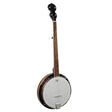 The image shows a banjo, a string instrument with a circular body and white drumhead, a long wooden neck with frets and dark fingerboard, and a black headstock with tuning pegs. It has metal hardware like a tailpiece and tension ring, and features 4 or 5 strings. The banjo has a classic look with wood tones and a resonating chamber, typical of folk, bluegrass, and country music, and appears to be a full-size acoustic model.