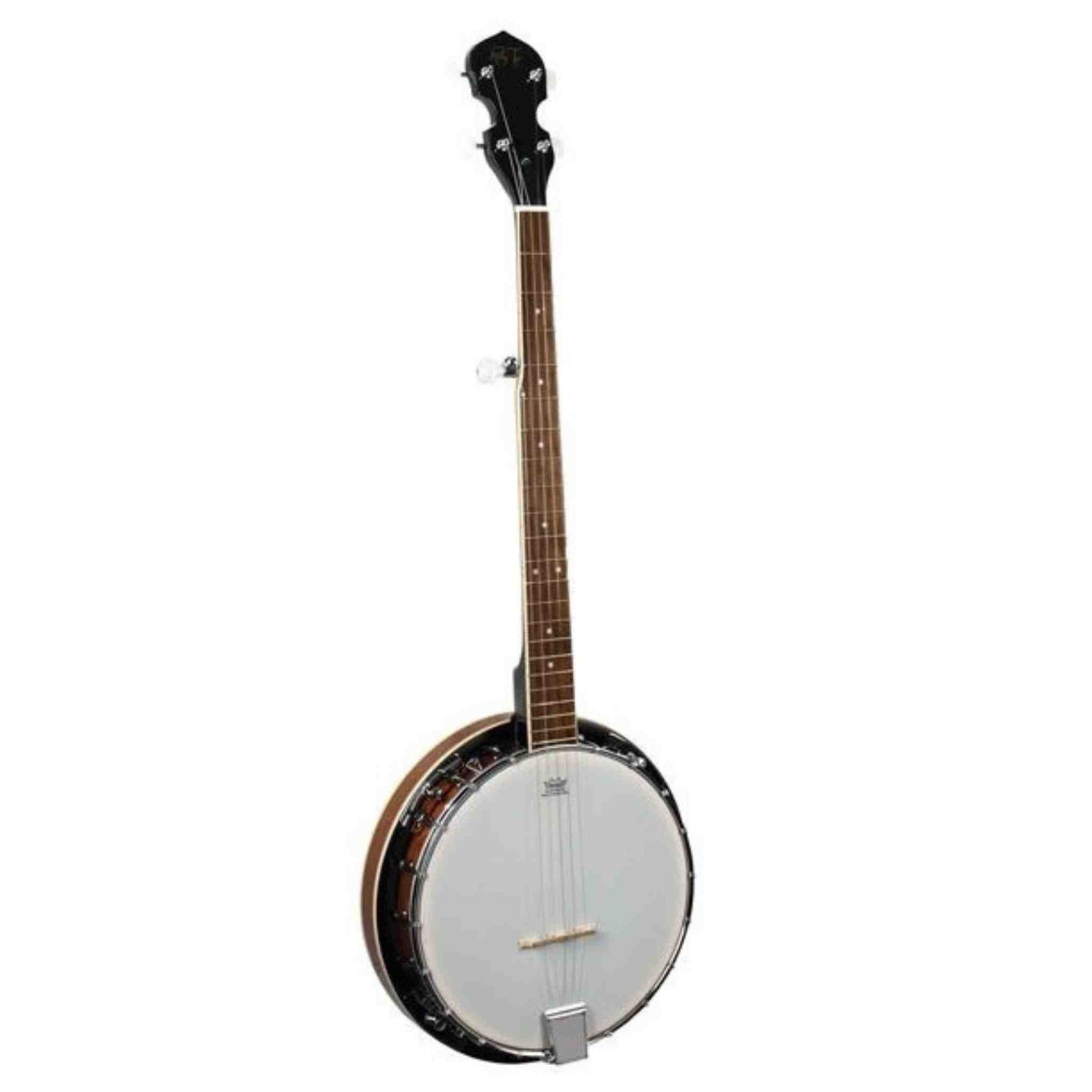 The image shows a banjo, a string instrument with a circular body and white drumhead, a long wooden neck with frets and dark fingerboard, and a black headstock with tuning pegs. It has metal hardware like a tailpiece and tension ring, and features 4 or 5 strings. The banjo has a classic look with wood tones and a resonating chamber, typical of folk, bluegrass, and country music, and appears to be a full-size acoustic model.