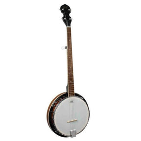 The image shows a banjo, a string instrument with a circular body and white drumhead, a long wooden neck with frets and dark fingerboard, and a black headstock with tuning pegs. It has metal hardware like a tailpiece and tension ring, and features 4 or 5 strings. The banjo has a classic look with wood tones and a resonating chamber, typical of folk, bluegrass, and country music, and appears to be a full-size acoustic model.