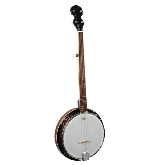 The image shows a banjo, a string instrument with a circular body and white drumhead, a long wooden neck with frets and dark fingerboard, and a black headstock with tuning pegs. It has metal hardware like a tailpiece and tension ring, and features 4 or 5 strings. The banjo has a classic look with wood tones and a resonating chamber, typical of folk, bluegrass, and country music, and appears to be a full-size acoustic model.
