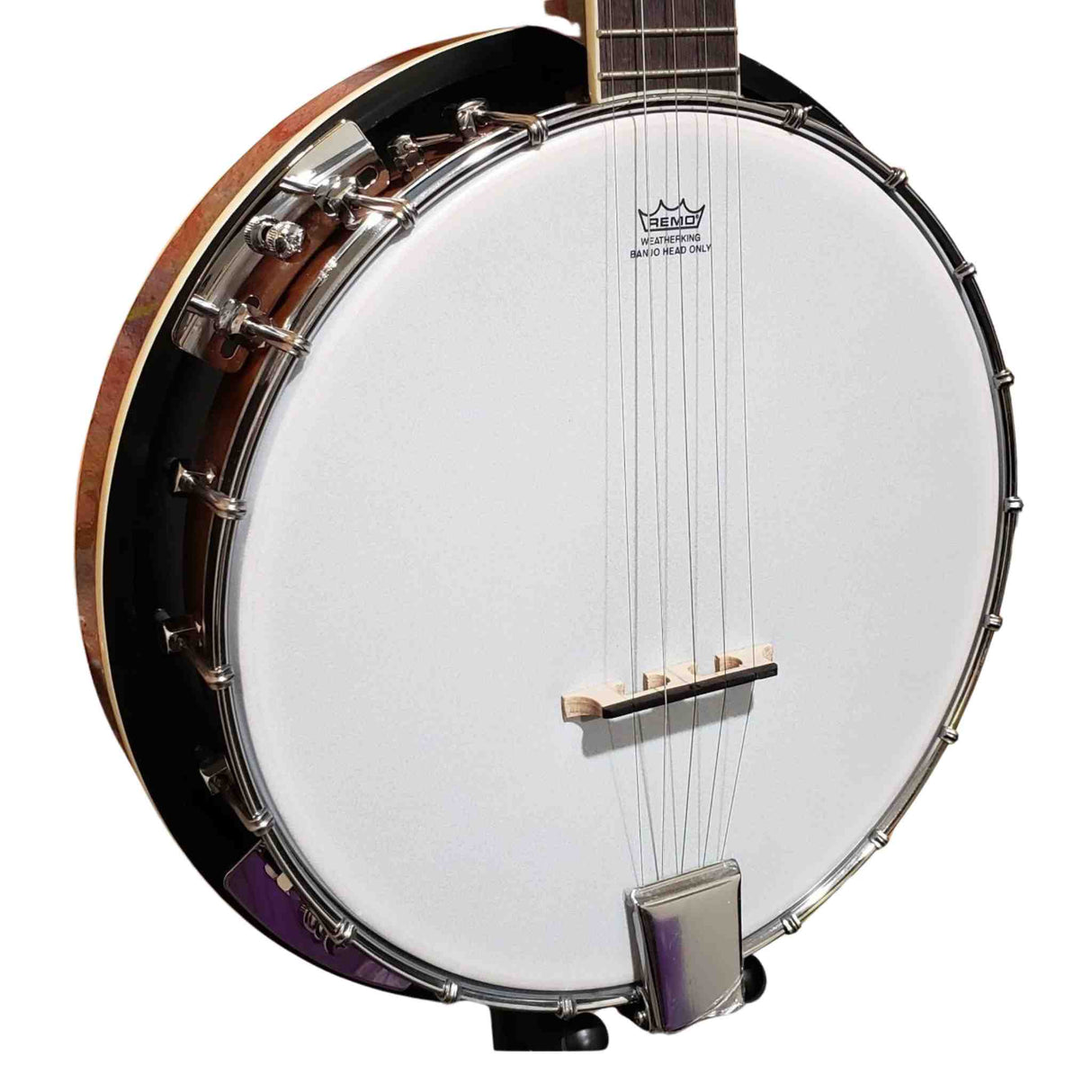 The image shows a resonator banjo with a white Remo Weatherking drumhead, dark wooden rim, and chrome tension brackets. It features a wooden bridge, metal tailpiece, a fretted neck with a likely rosewood or ebony fretboard, and five steel strings. The quality hardware and construction indicate a professional or semi-professional instrument, commonly used in bluegrass, country, folk, and traditional American music.