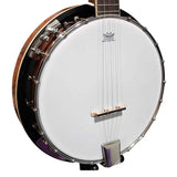 The image shows a resonator banjo with a white Remo Weatherking drumhead, dark wooden rim, and chrome tension brackets. It features a wooden bridge, metal tailpiece, a fretted neck with a likely rosewood or ebony fretboard, and five steel strings. The quality hardware and construction indicate a professional or semi-professional instrument, commonly used in bluegrass, country, folk, and traditional American music.