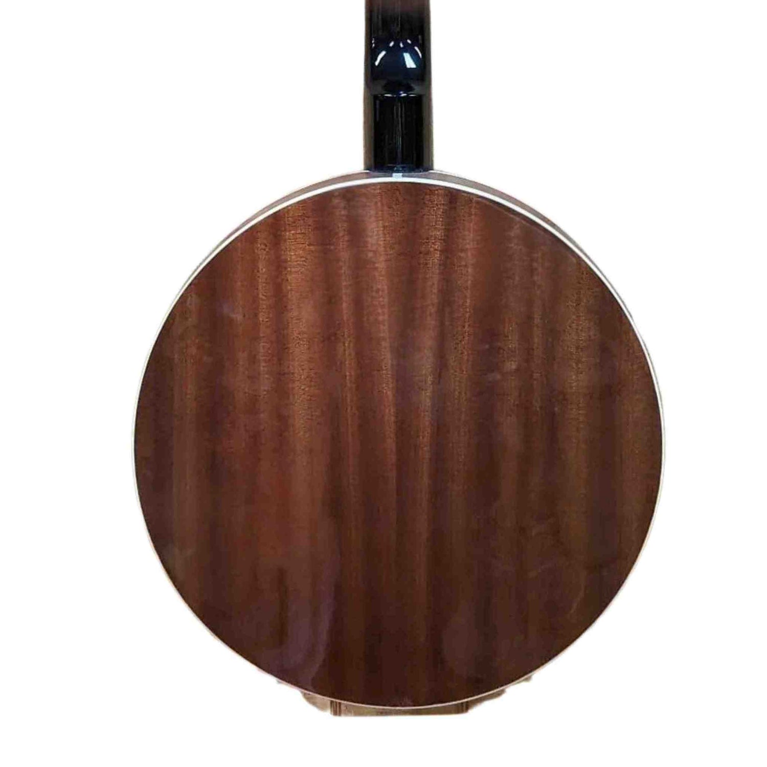 The image shows the back of a banjo with a circular wooden body featuring a rich, dark wood grain, likely walnut or mahogany. The neck extends upward with a dark, glossy finish. The resonator back reflects sound waves for a bright tone. Quality craftsmanship is evident in the binding around the body’s edge, indicating a well-made instrument commonly used in bluegrass, country, and folk music.