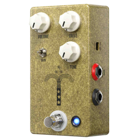 Guitar effects pedal with knobs and buttons on a white background