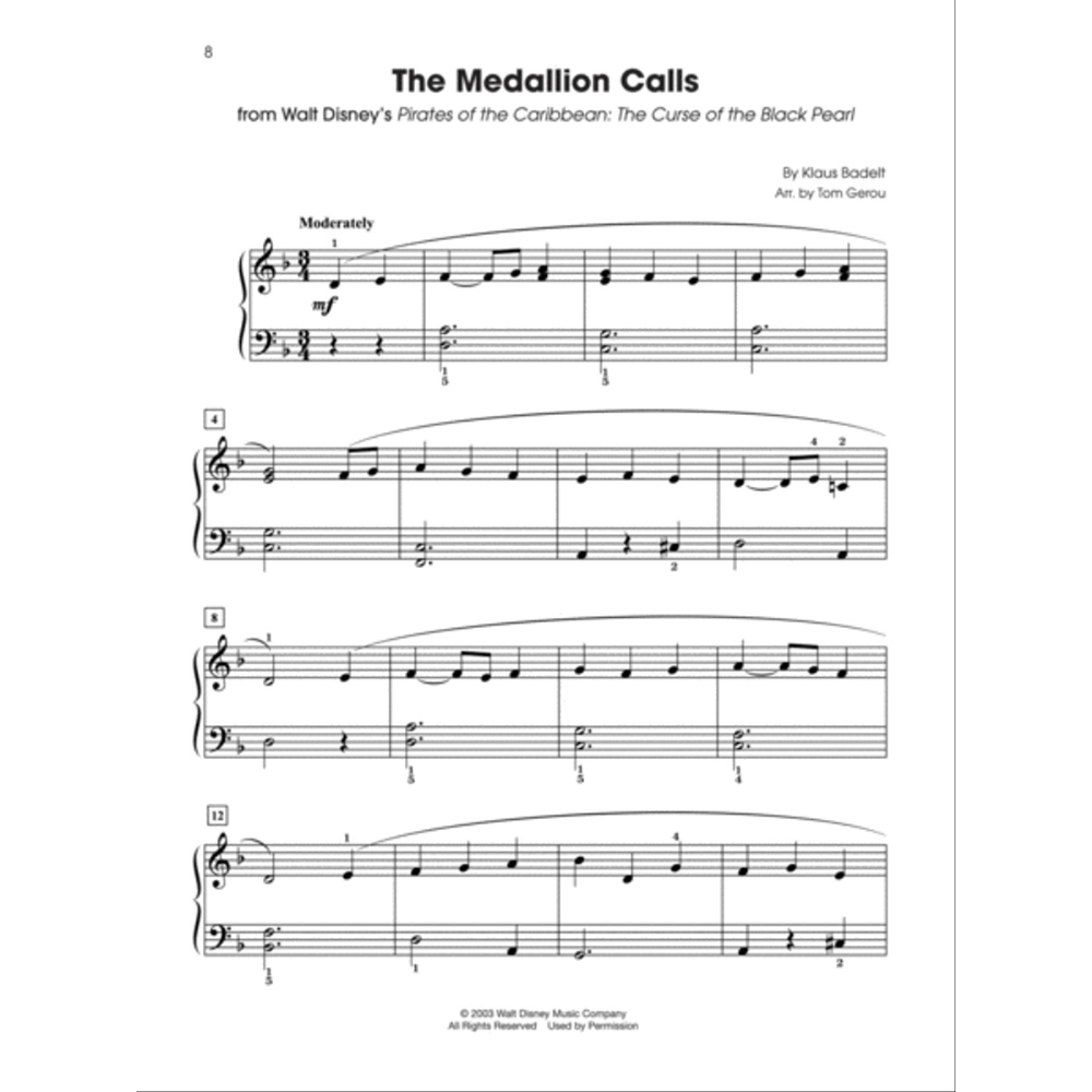 The image shows page 8 of the piano sheet music for "The Medallion Calls" from Disney's "Pirates of the Caribbean," composed by Klaus Badelt and arranged by Tom Gerou. It features treble and bass clefs, a 3/4 time signature, key of B♭ major, tempo marking "Moderately," dynamic marking "mf," measure numbers, fingering, and phrasing marks, capturing the adventurous theme for intermediate piano players.