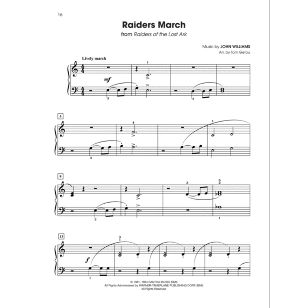 The image shows a sheet music page of the "Raiders March" from "Raiders of the Lost Ark," composed by John Williams and arranged for piano by Tom Gerou. It features four systems on grand staff, marked "Lively march" with a 4/4 time signature and mezzo-forte dynamics. Published by Bantha Music and Warner-Tamerlane (1981-1984), this intermediate-level piano arrangement captures the iconic Indiana Jones theme.