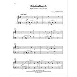 The image shows a sheet music page of the "Raiders March" from "Raiders of the Lost Ark," composed by John Williams and arranged for piano by Tom Gerou. It features four systems on grand staff, marked "Lively march" with a 4/4 time signature and mezzo-forte dynamics. Published by Bantha Music and Warner-Tamerlane (1981-1984), this intermediate-level piano arrangement captures the iconic Indiana Jones theme.