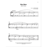 The image shows page 19 of a piano arrangement for the "Star Wars (Main Theme)" by John Williams, arranged by Tom Gerou. It features piano staves with treble and bass clefs, 4/4 time, "Majestically" tempo, forte dynamics, phrasing marks, rehearsal letters A and B, and performance notes like "LH over." The sheet music is officially published by Warner-Tamerlane Publishing Corp and Bantha Music.