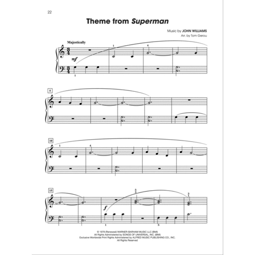 The image shows page 22 of a piano arrangement of John Williams' "Theme from Superman," arranged by Tom Gerou. It features piano staff notation with treble and bass clefs, a 3/4 time signature, a "Majestically" tempo marking, dynamic markings like mf and f, measure numbers, phrase slurs, fingering numbers, and copyright info, indicating professional sheet music for solo piano performance.