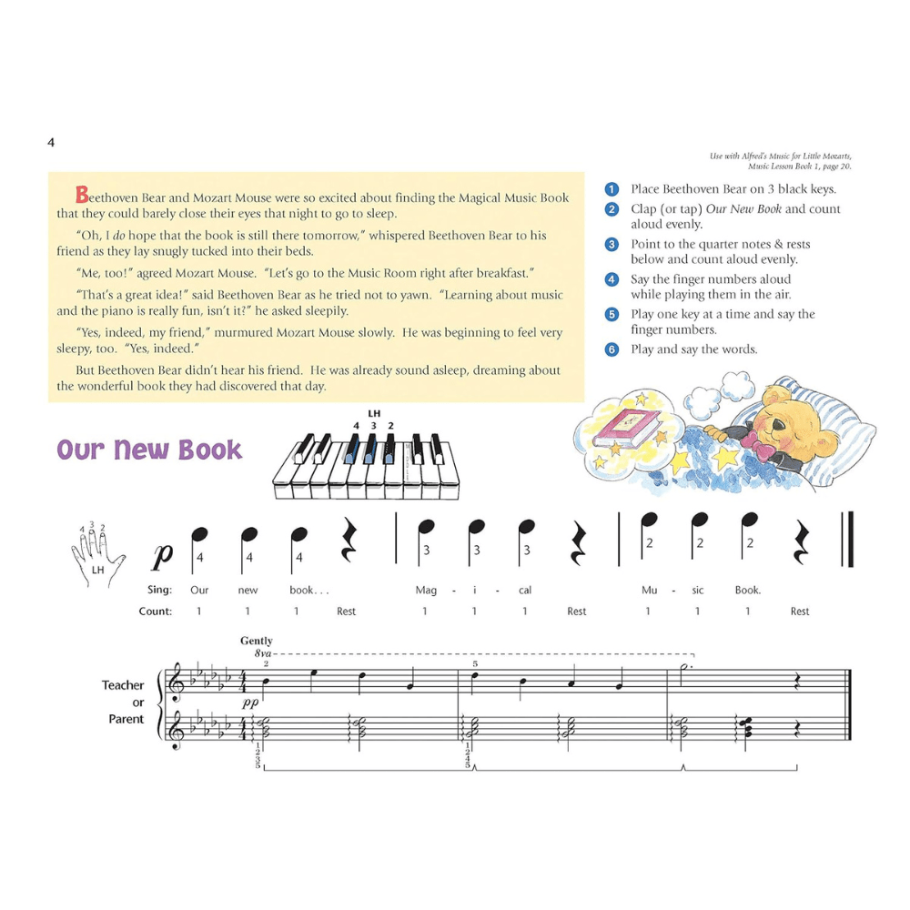 The image shows a page from a children's piano instruction book featuring a piano keyboard with finger numbers, musical notation titled "Our New Book," and a gentle, simple piece marked "pp." It includes a story about Beethoven Bear and Mozart Mouse, step-by-step learning instructions, left hand finger diagrams, counting guides, and colorful cartoon illustrations to make music learning engaging and accessible for beginners.
