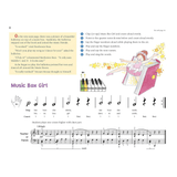 The image shows a piano method book page featuring a duet titled "Music Box Girl" with 3/4 sheet music, finger numbers, and dynamics. It includes a small keyboard diagram, right-hand position, and numbered learning tasks like rhythm counting and singing. Illustrated with a ballerina dancing near a pink music box, stars, and story text mentioning "Beethoven Bear" and "Mozart Mouse," it’s designed to engage beginner piano students.