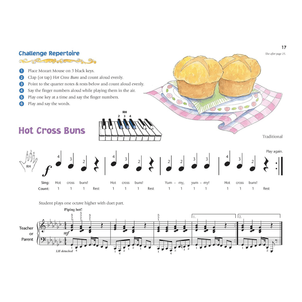 The image shows page 17 of a beginner piano method book featuring the song "Hot Cross Buns." It includes musical notation with treble and bass clefs, finger numbering on a keyboard diagram, rhythm counts, and lyrics. The page offers a "Challenge Repertoire," hand position guide, teacher accompaniment for duet play, and a colorful illustration of hot cross buns, all designed for young learners.