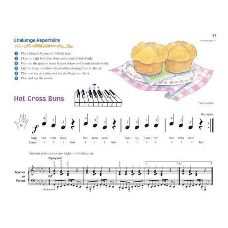 The image shows page 17 of a beginner piano method book featuring the song "Hot Cross Buns." It includes musical notation with treble and bass clefs, finger numbering on a keyboard diagram, rhythm counts, and lyrics. The page offers a "Challenge Repertoire," hand position guide, teacher accompaniment for duet play, and a colorful illustration of hot cross buns, all designed for young learners.