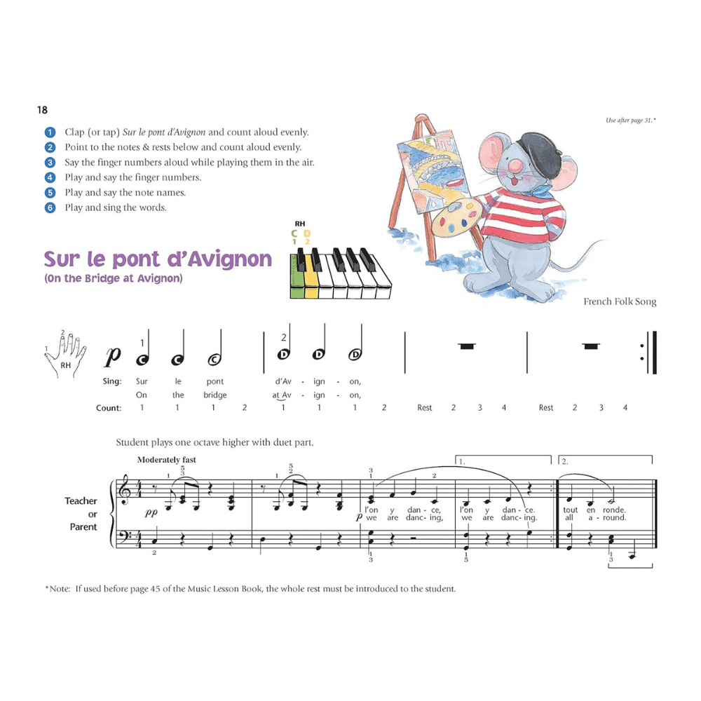 The image shows page 18 of a beginner piano method book featuring the French folk song "Sur le pont d'Avignon." It includes numbered learning steps, finger and keyboard diagrams, simplified and full notation with lyrics in French and English, and a piano duet arrangement. The page is colorful with child-friendly layout, finger numbers, tempo marking, rest exercises, and a mouse character illustration to engage young learners.