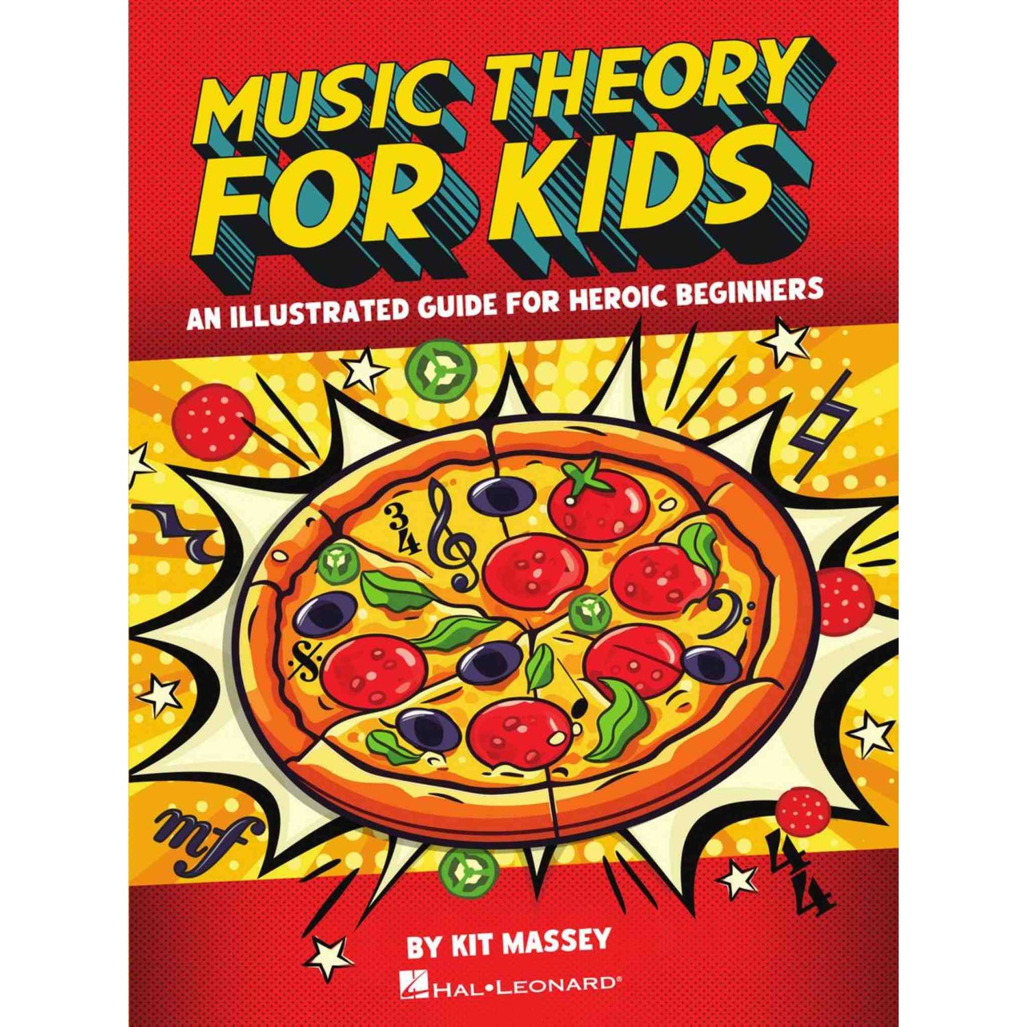 Book cover of 'Music Theory for Kids' with a pizza illustration on a red background