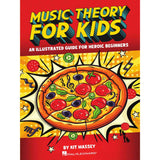 Book cover of 'Music Theory for Kids' with a pizza illustration on a red background