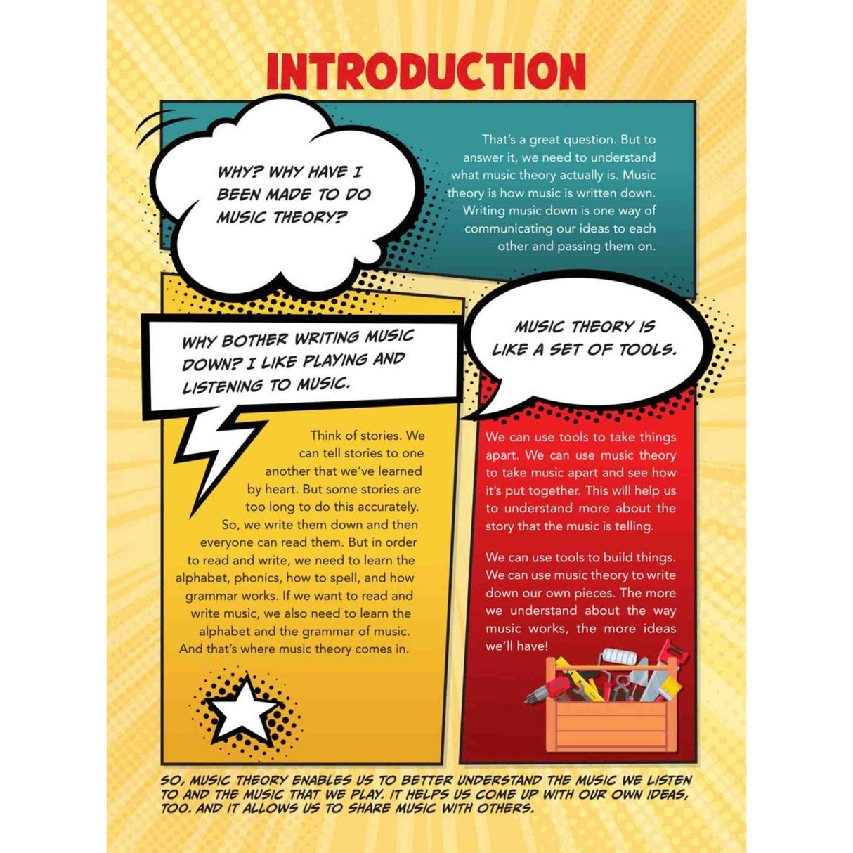 Comic-style text panel with speech bubbles and text about music theory on a yellow background.