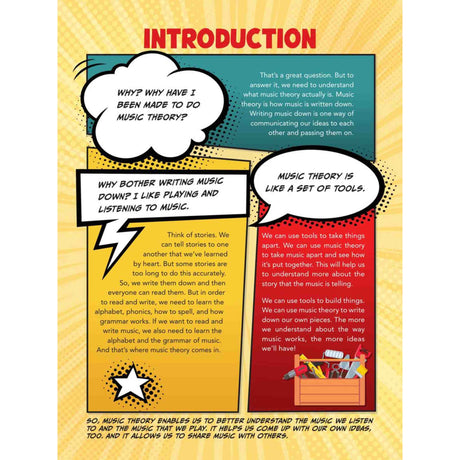 Comic-style text panel with speech bubbles and text about music theory on a yellow background.