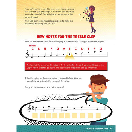 Music education page with notes for treble clef, musical staff, and characters playing instruments.