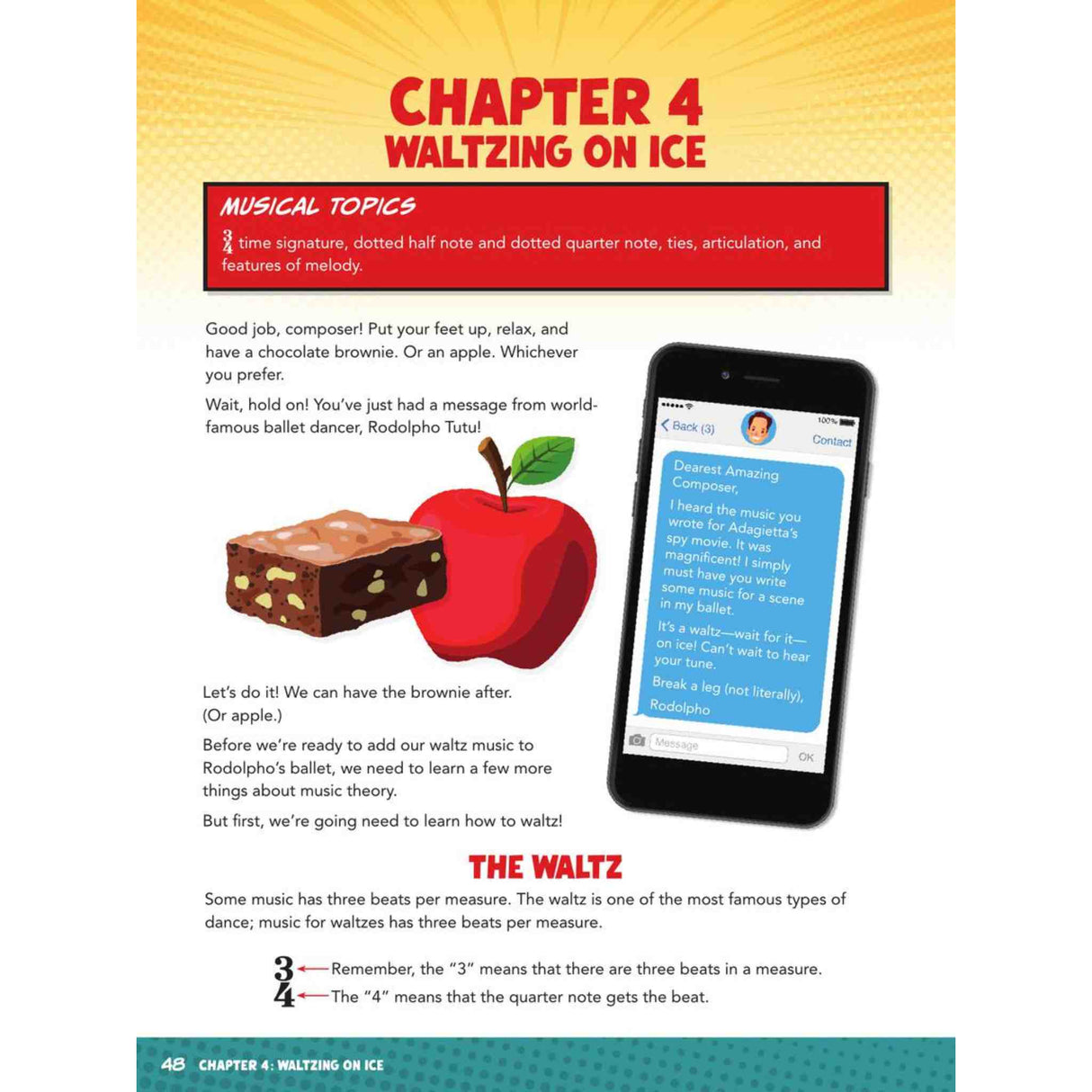 Educational page about music theory with a phone, chocolate bar, and apple illustration.
