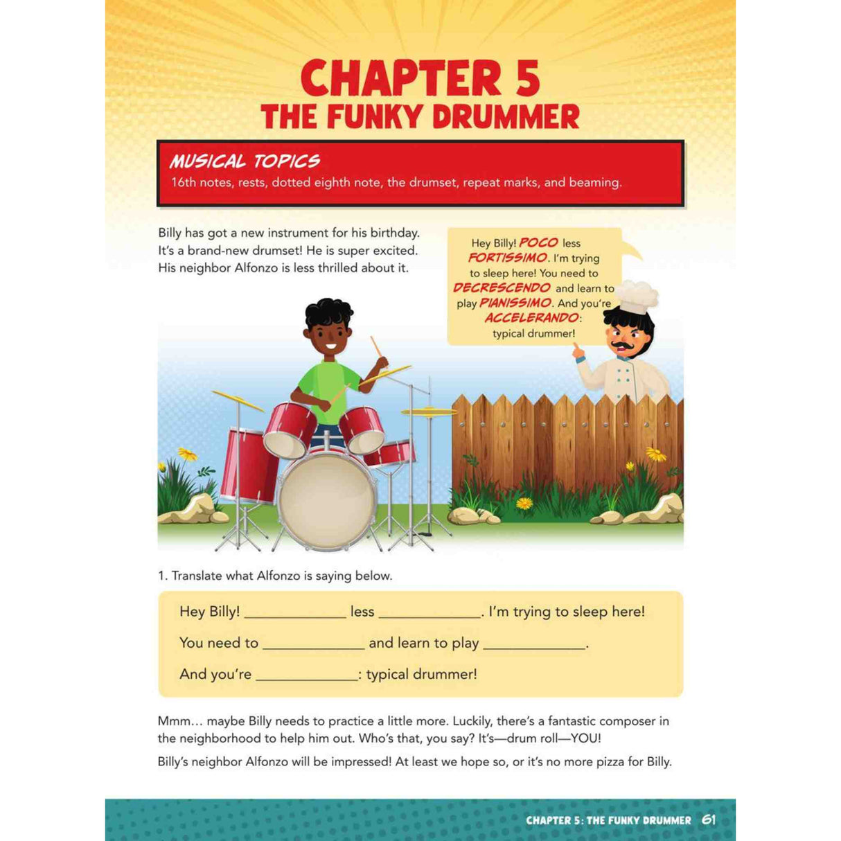 Educational page about 16th Notes, rests, eigtth notes, drumset, repeat marks and beaming. 