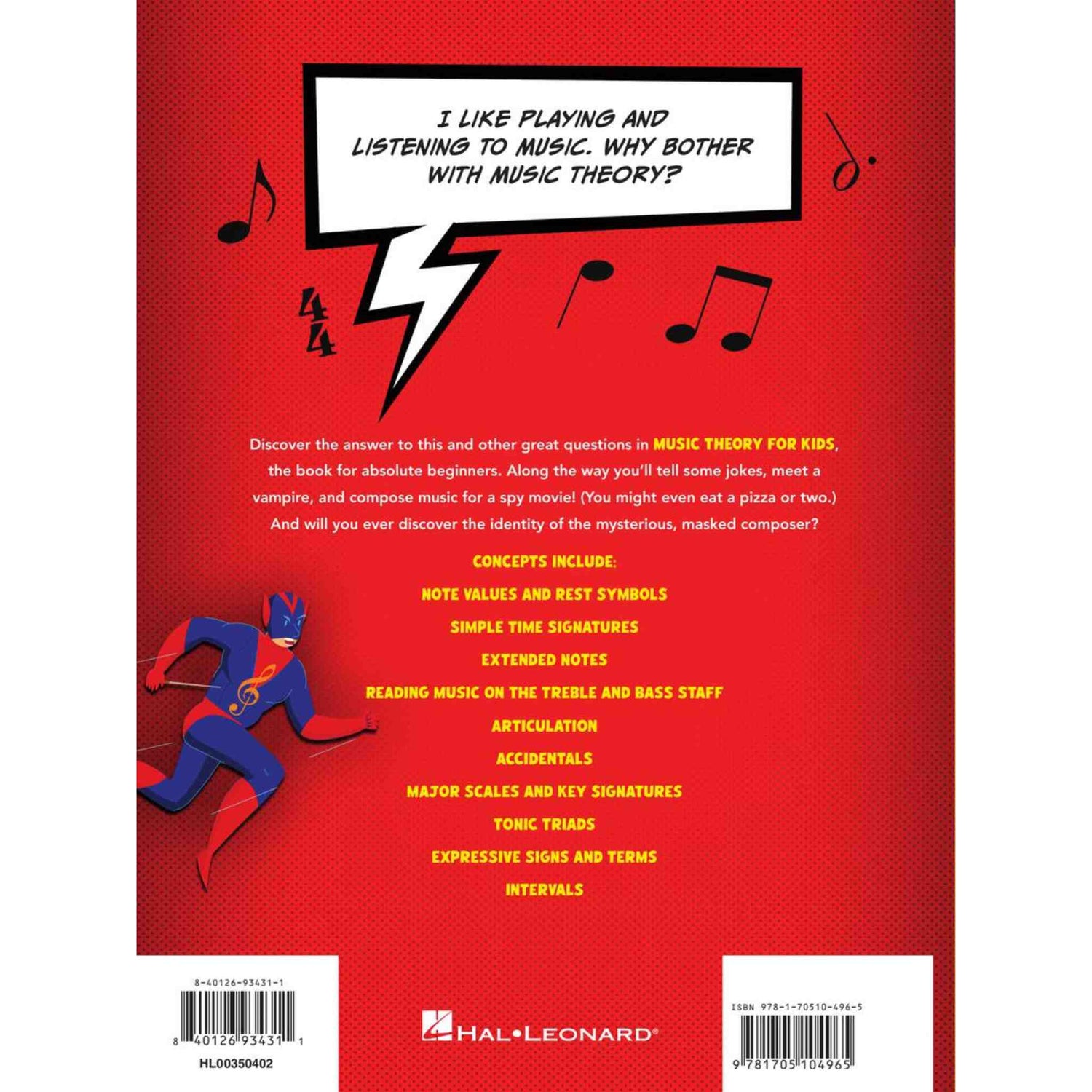 Back cover of a music theory book for kids with superhero illustration and text on a red background
