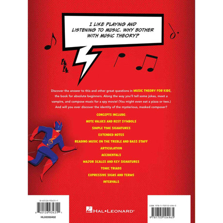 Back cover of a music theory book for kids with superhero illustration and text on a red background