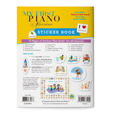 The image shows the "My First Piano Adventure Sticker Book," an educational piano supplement with over 400 stickers across 12 pages. Designed for young students using the My First Piano Adventure method, it features categories like Music Friends, Animal Fun, and Piano Technique. The interactive stickers reward musical skills and include certificates, making piano learning engaging and motivating through gamification and visual aids.