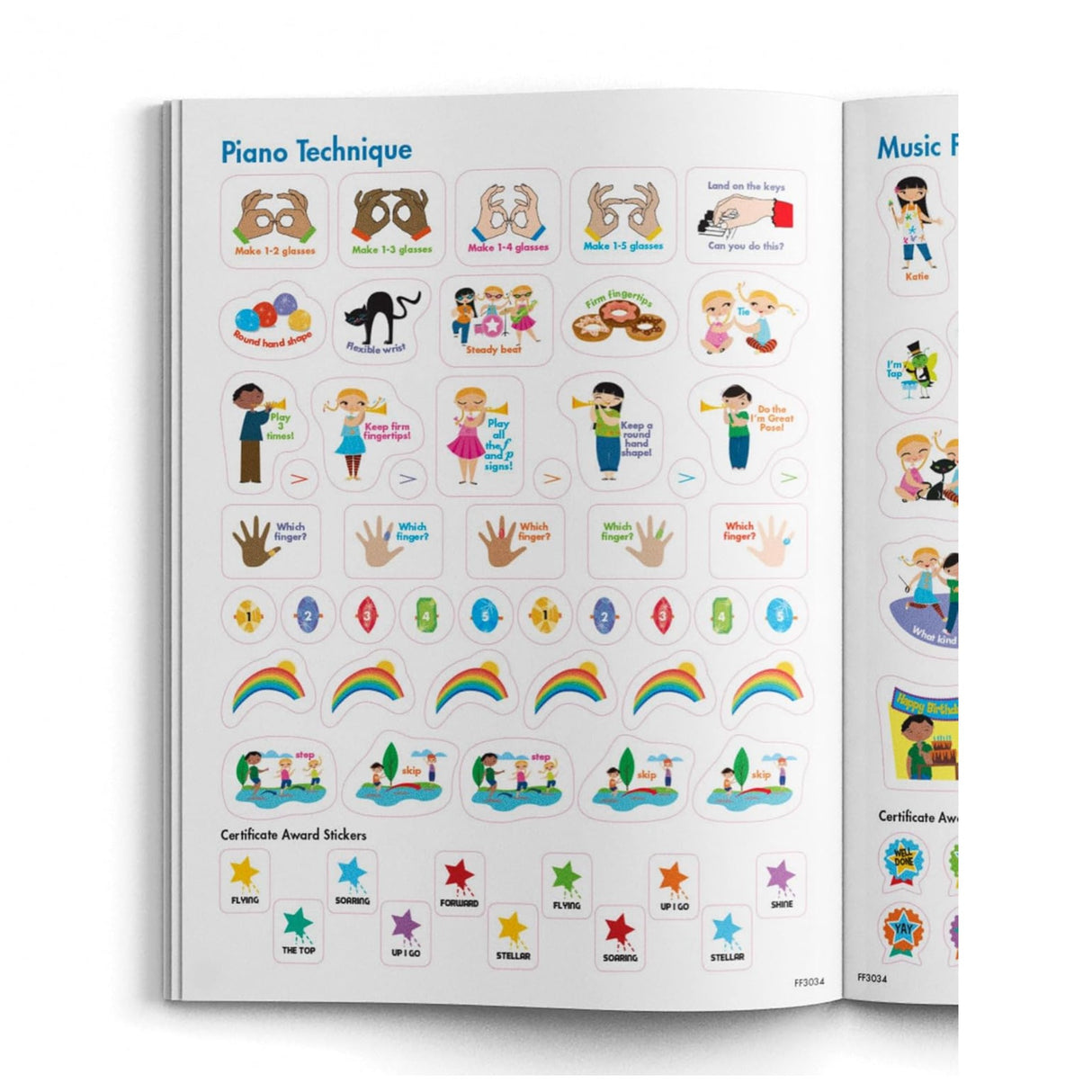 The image shows a page titled "Piano Technique" from a music education resource, featuring colorful stickers and visual aids for piano lessons. It includes hand position guides, technique reminders, finger number indicators, musical symbols, rainbow-themed elements, and achievement stickers with certificates. These tools support interactive and engaging piano instruction for young learners.