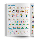 The image shows a page titled "Piano Technique" from a music education resource, featuring colorful stickers and visual aids for piano lessons. It includes hand position guides, technique reminders, finger number indicators, musical symbols, rainbow-themed elements, and achievement stickers with certificates. These tools support interactive and engaging piano instruction for young learners.