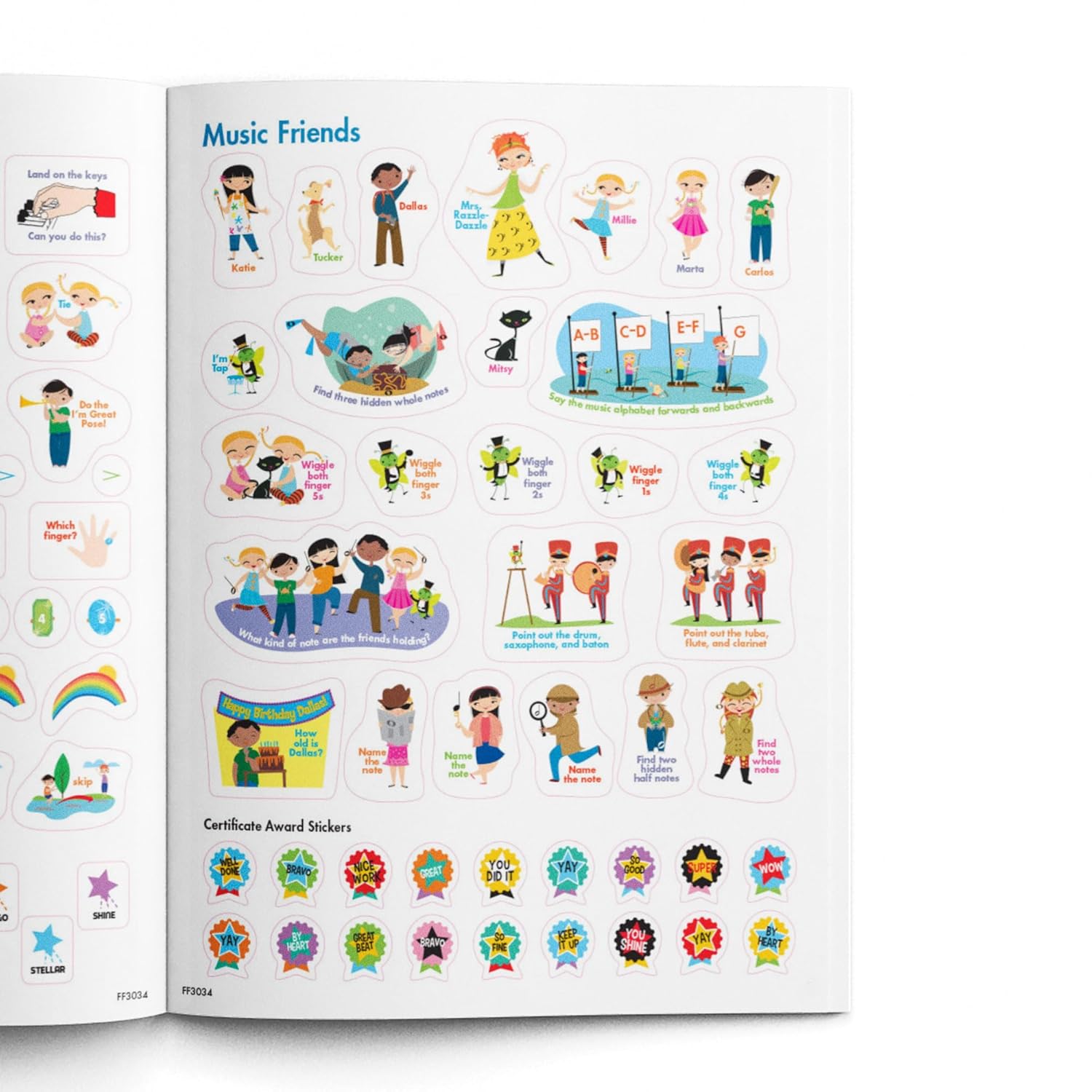 The image shows a page from a music education workbook featuring colorful cartoon character stickers, musical instrument illustrations, musical alphabet letters, and interactive activities like "Wiggle Your Finger" and note-finding exercises. It also includes reward stickers with phrases like "Well Done" and "Good Work," designed to make learning music engaging and fun for children.