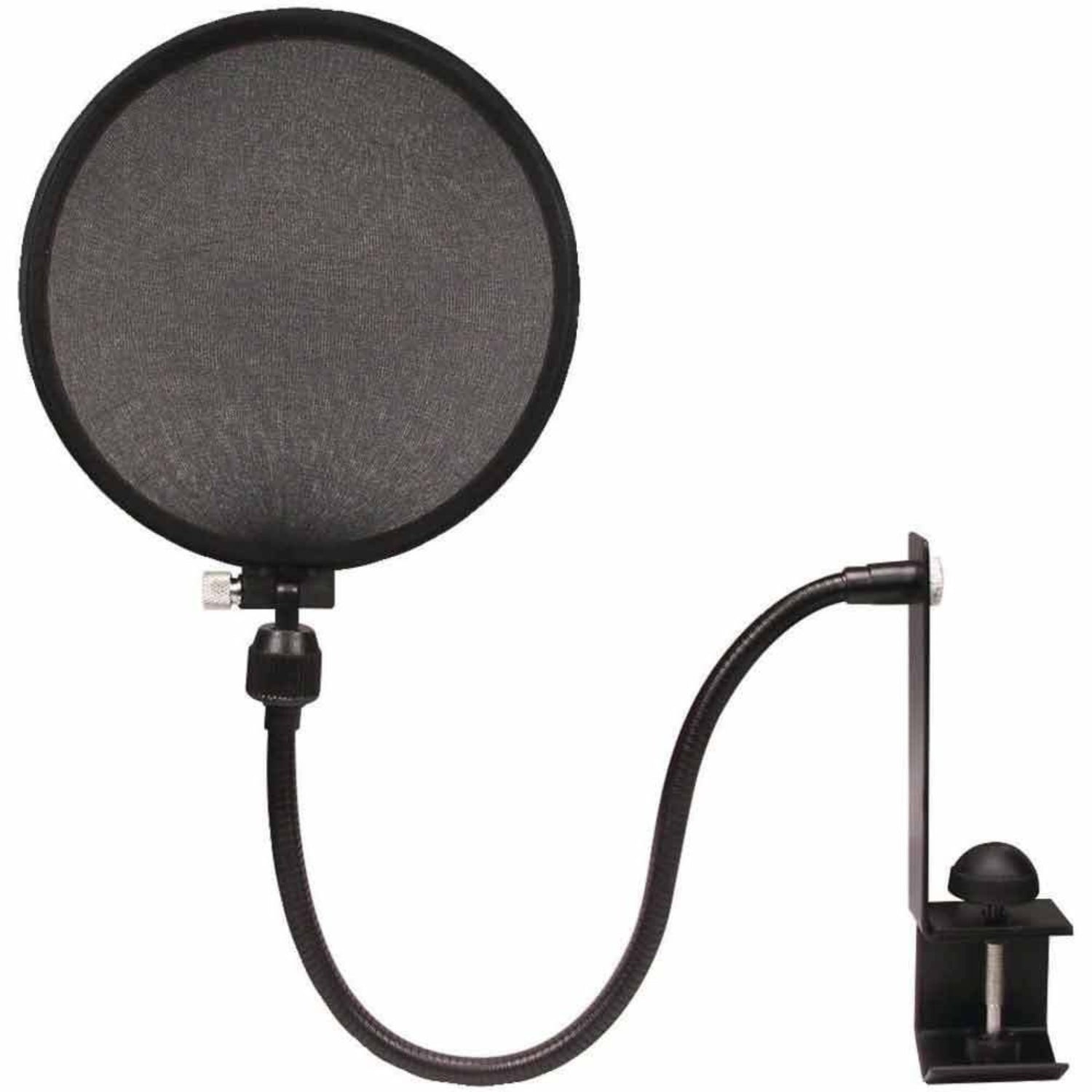 The image shows a pop filter, an audio accessory with a circular frame and fine mesh, attached by a gooseneck arm and clamp to a microphone stand. It reduces plosive sounds, breath noise, and moisture, improving vocal recording quality. Common in studios, it’s placed between the vocalist and microphone to filter air bursts while allowing clear sound.