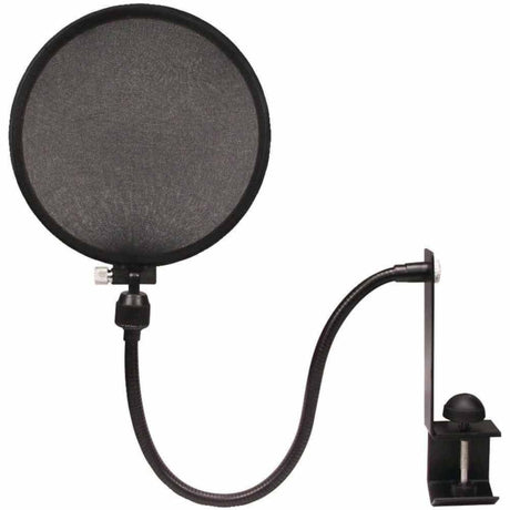 The image shows a pop filter, an audio accessory with a circular frame and fine mesh, attached by a gooseneck arm and clamp to a microphone stand. It reduces plosive sounds, breath noise, and moisture, improving vocal recording quality. Common in studios, it’s placed between the vocalist and microphone to filter air bursts while allowing clear sound.