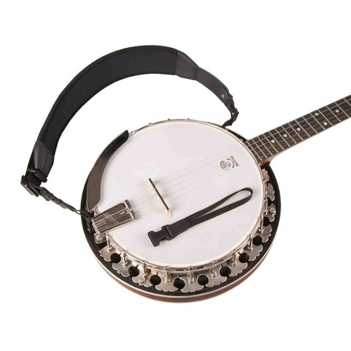 The image shows a complete banjo, a string instrument linked to American folk and bluegrass music. It features a circular body with a white drumhead, a long neck with frets and tuning pegs, multiple strings, tension hooks around the rim, a tailpiece, and a carrying strap. The banjo’s strings are plucked while its drum-like membrane produces a bright, percussive tone.