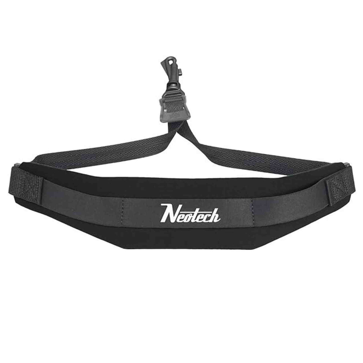 The image shows a Neotech saxophone neck strap designed to support the instrument’s weight comfortably. It features black padded neoprene, the Neotech logo in white, an adjustable strap with a quick-release or swivel hook, and an ergonomic curved shape for even weight distribution, helping players maintain good posture and reduce neck fatigue during extended use.